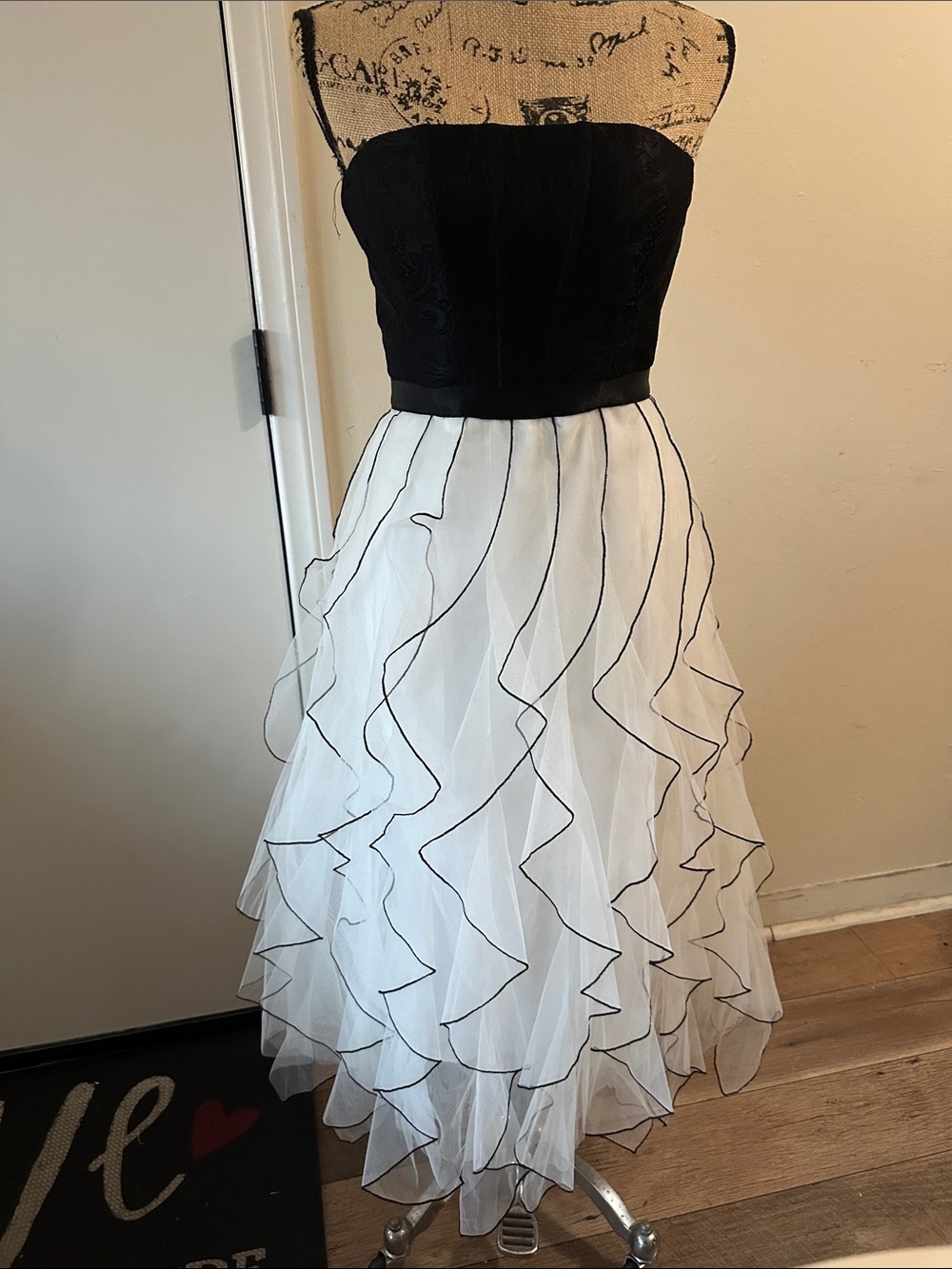 BCBGMaxAzria Black and White Strapless Ruffle High-Low Skirt